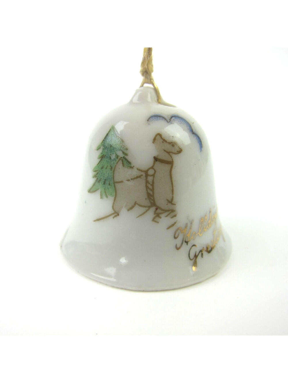 Vintage Christmas Bell Ornament Reindeer & Green Tree Porcelain Japan 1950s